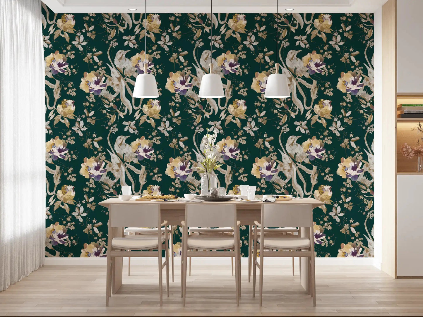 Dining room wall with Navy Floral Bird Wallpaper and soft floral pattern