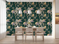 Dining room wall with Navy Floral Bird Wallpaper and soft floral pattern