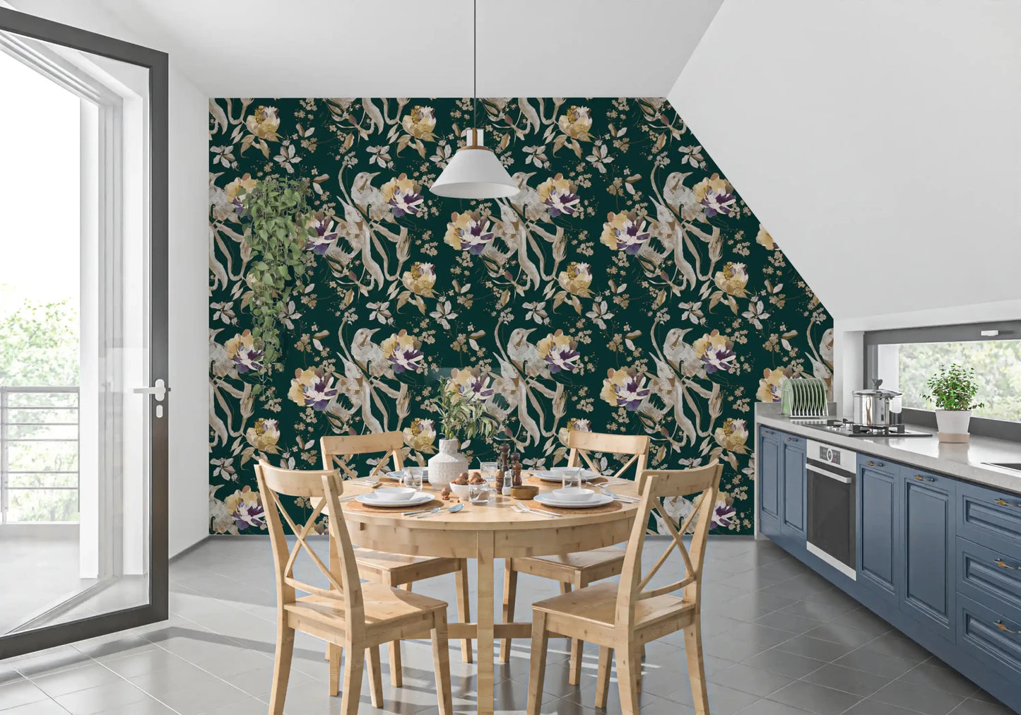 Botanical branch detail flows through Navy Floral Bird Wallpaper