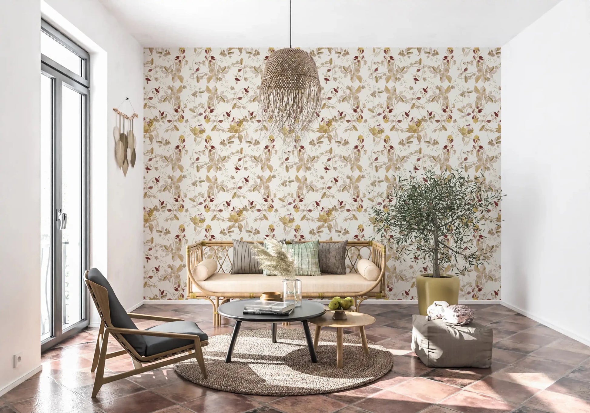 Refined office lounge area wall with Navy Heritage Floral Trail Wallpaper on light base