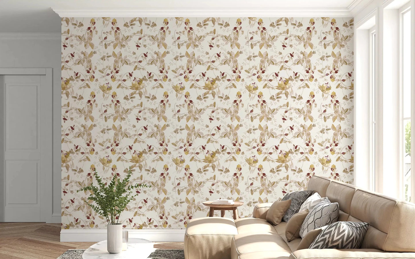Light background detail lifts Navy Heritage Floral Trail Wallpaper softly