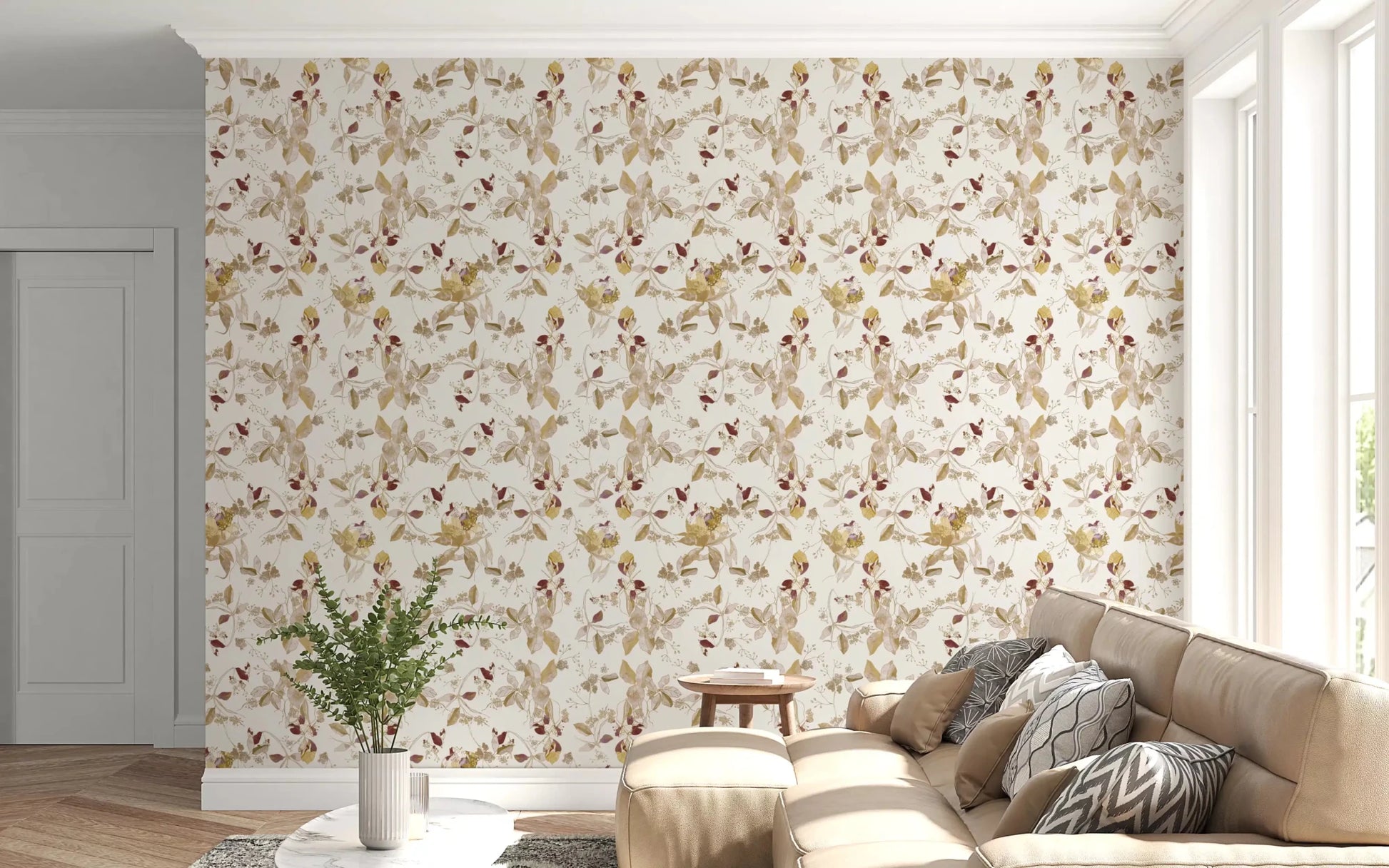 Light background detail lifts Navy Heritage Floral Trail Wallpaper softly