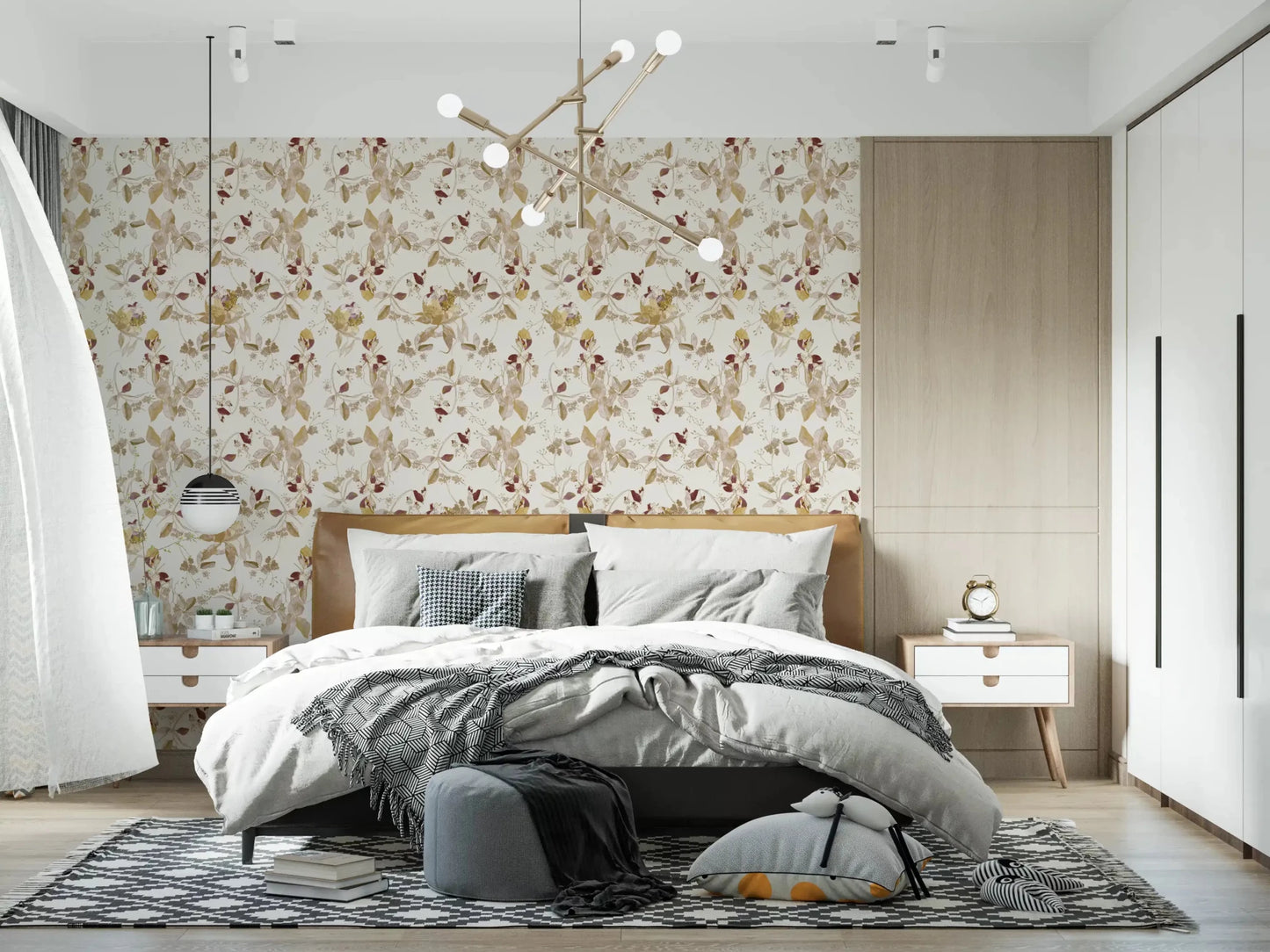 Soft bedroom styled in Navy Heritage Floral Trail Wallpaper with vine detail