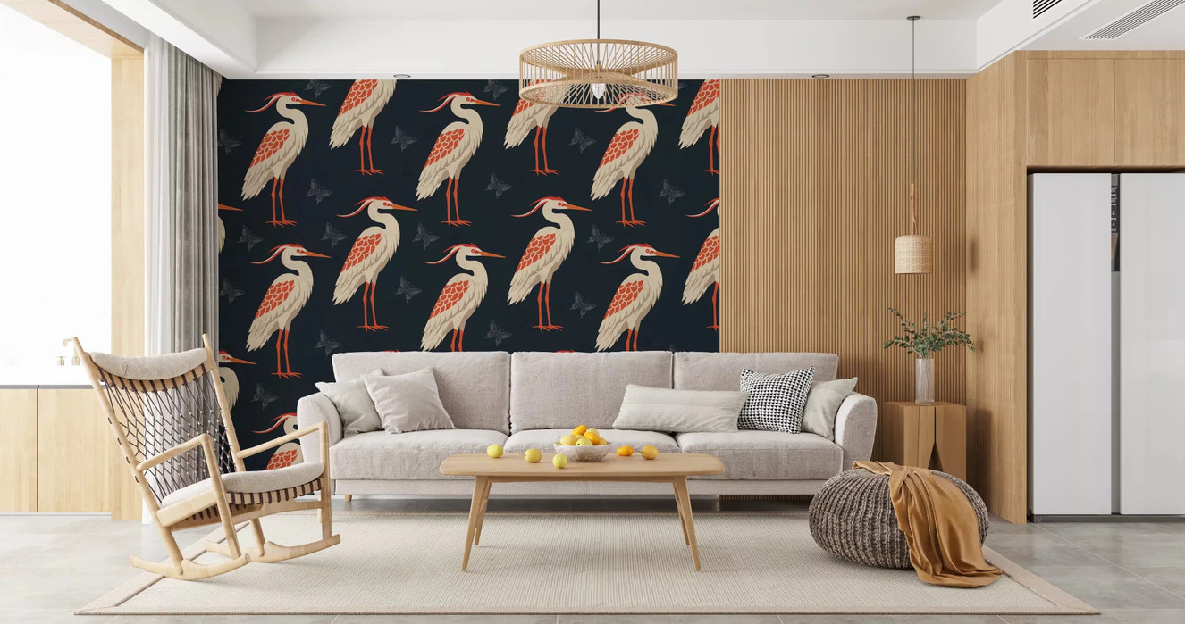 Living room with Navy Heron wall mural and bird repeat pattern