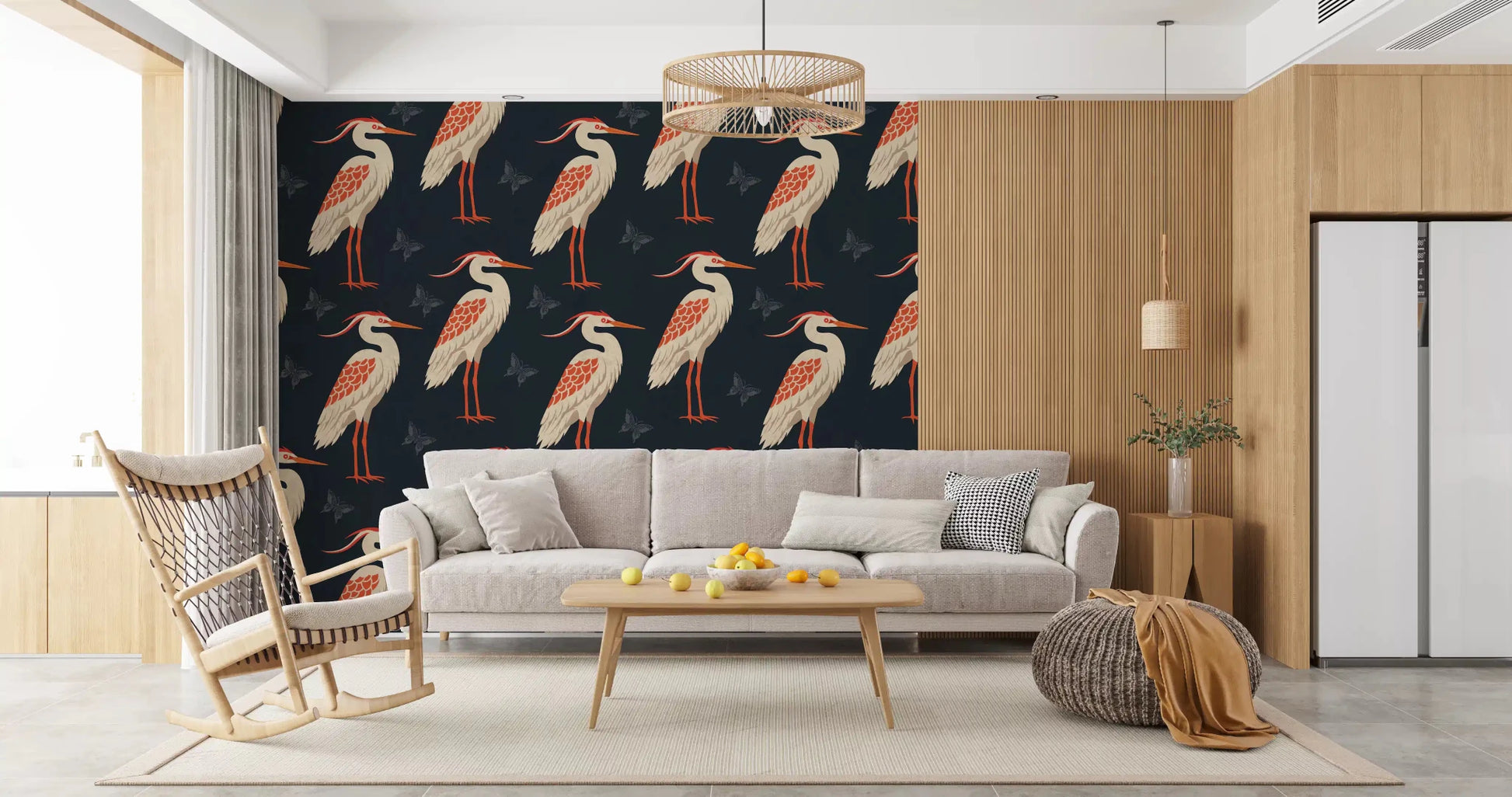 Living room with Navy Heron wall mural and bird repeat pattern, GD9133