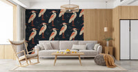 Living room with Navy Heron wall mural and bird repeat pattern, GD9133