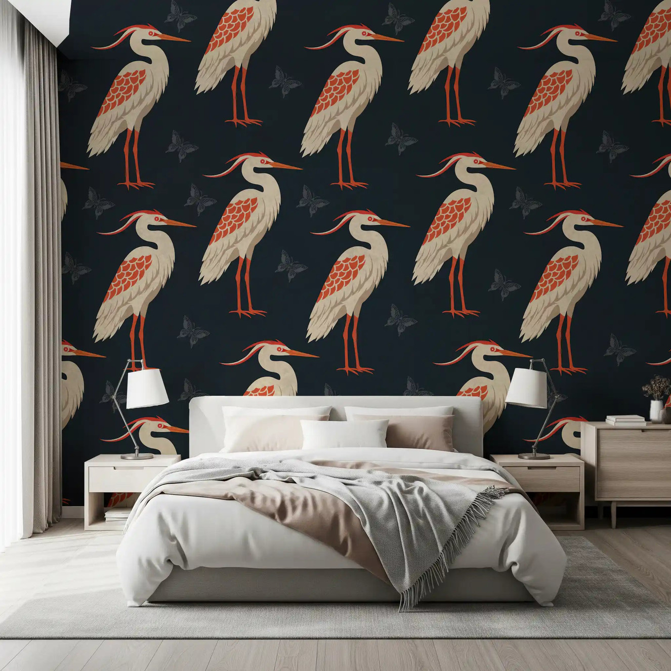 Bedroom styled in Navy Heron wall mural with butterflies