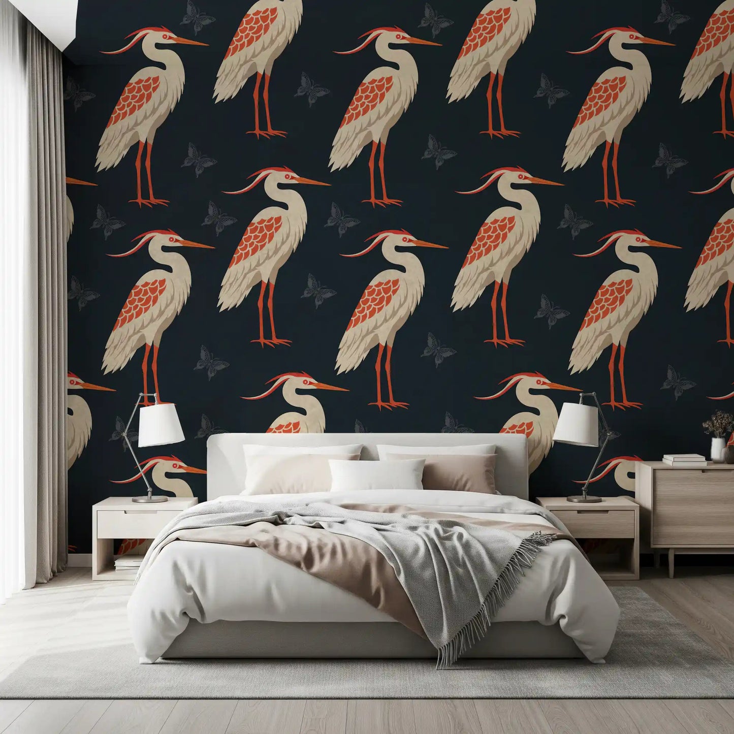 Bedroom styled in Navy Heron wall mural with butterflies, GD9133