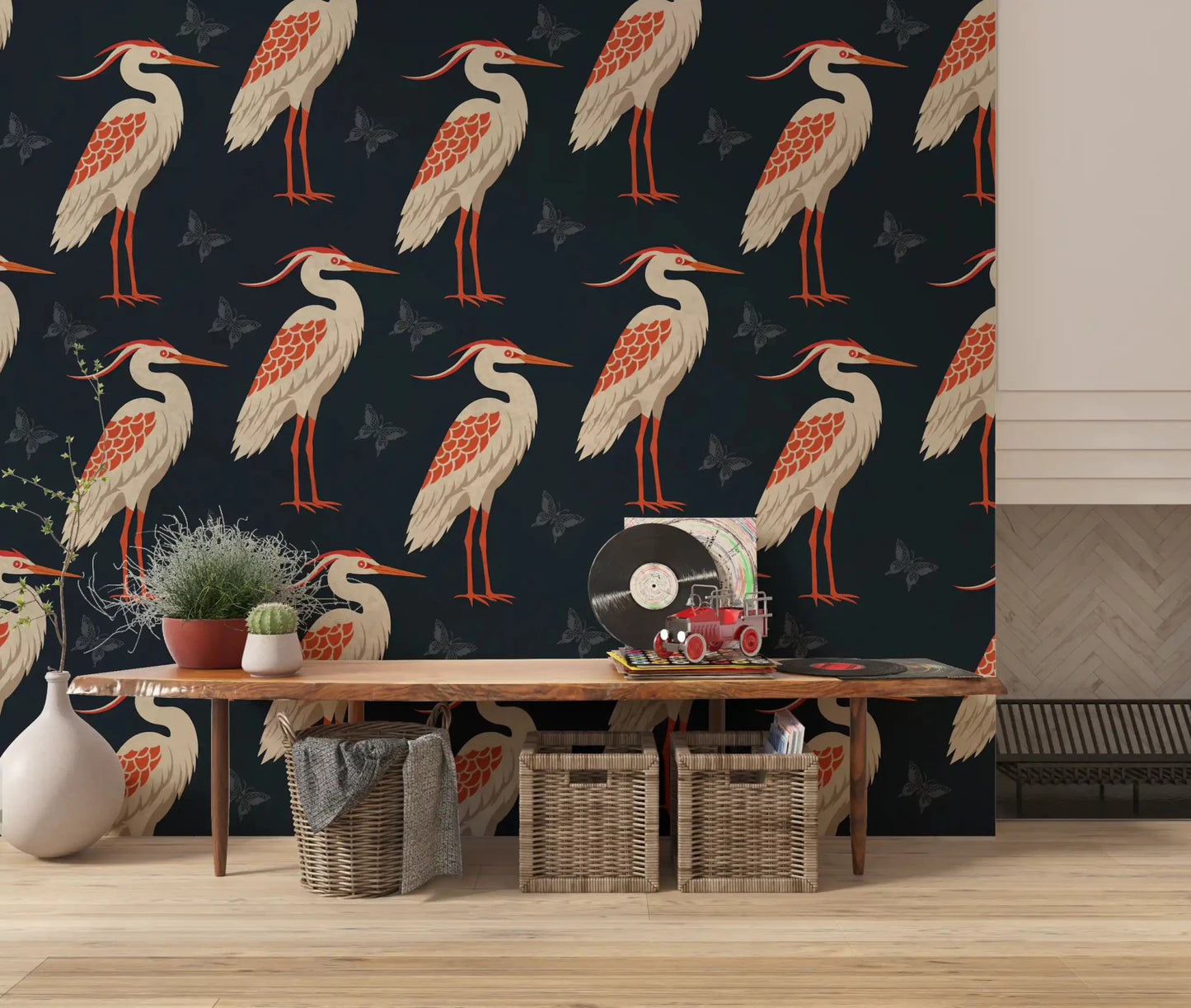 Elegant heron pattern in Navy Heron wall mural layout, GD9133