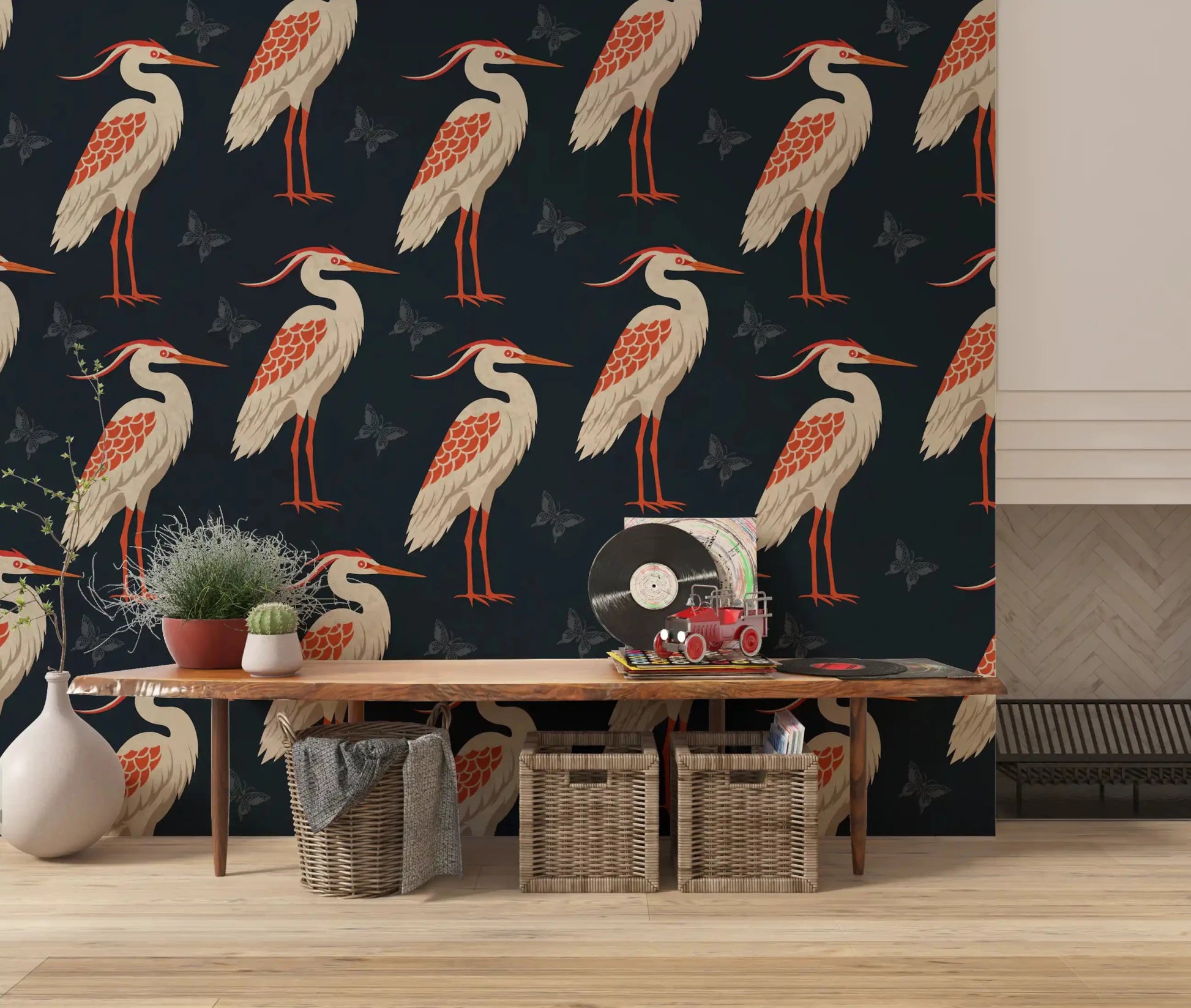 Elegant heron pattern in Navy Heron wall mural layout, GD9133