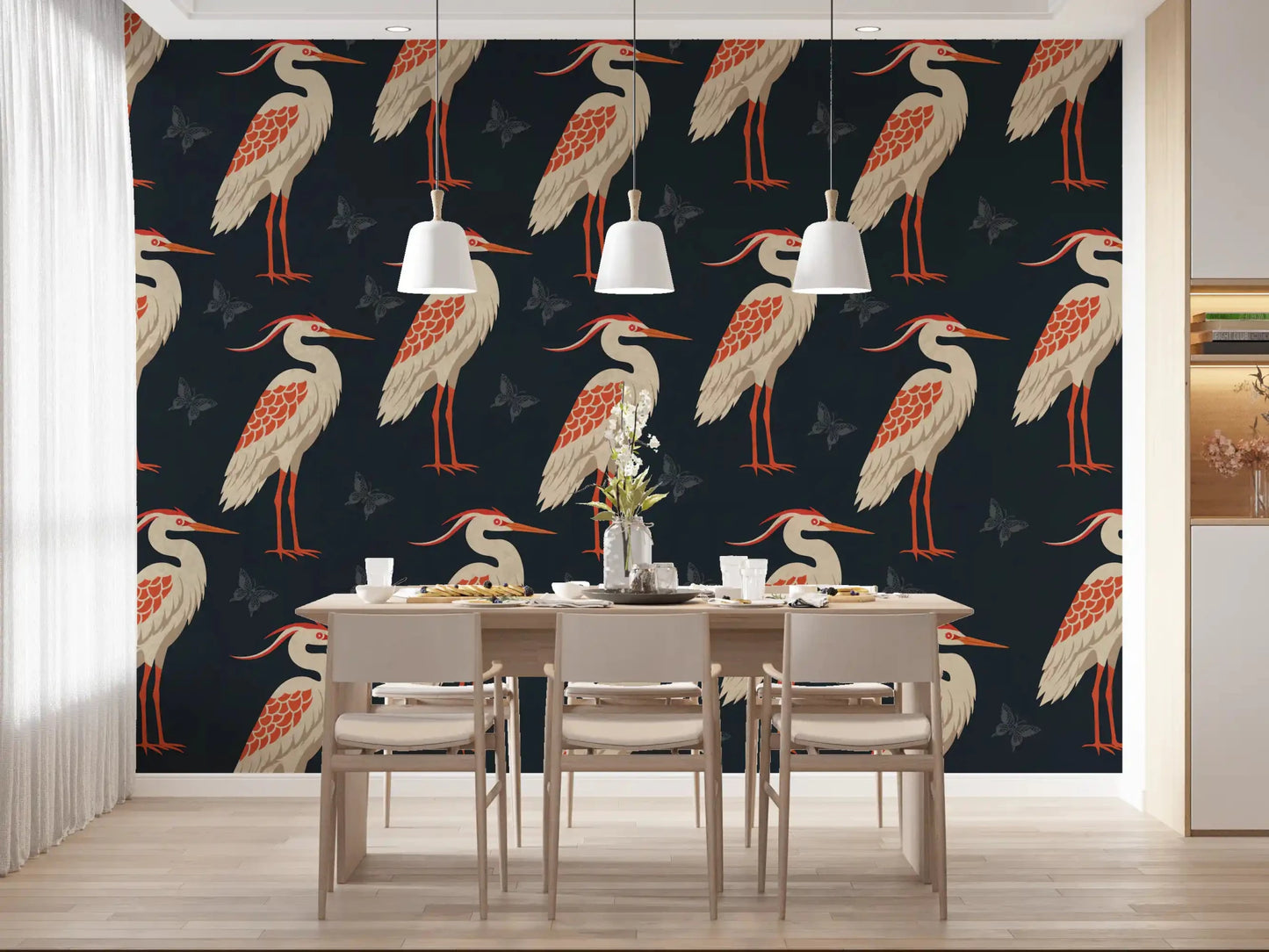 Dining room with Navy Heron wall mural and heron design, GD9133