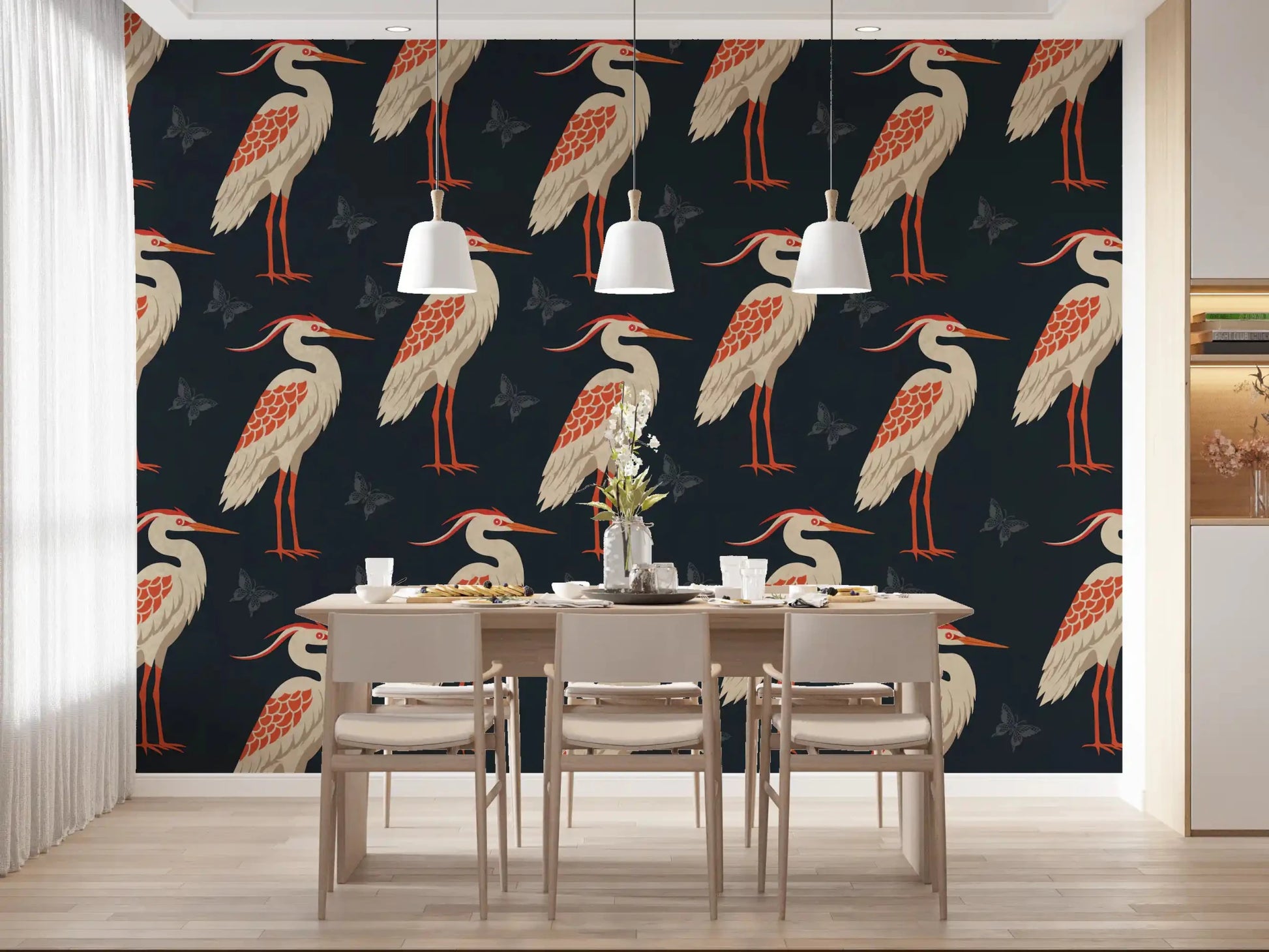 Dining room with Navy Heron wall mural and heron design, GD9133
