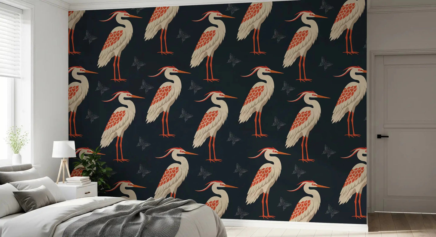 Nature-led pattern in Navy Heron wall mural surface, GD9133