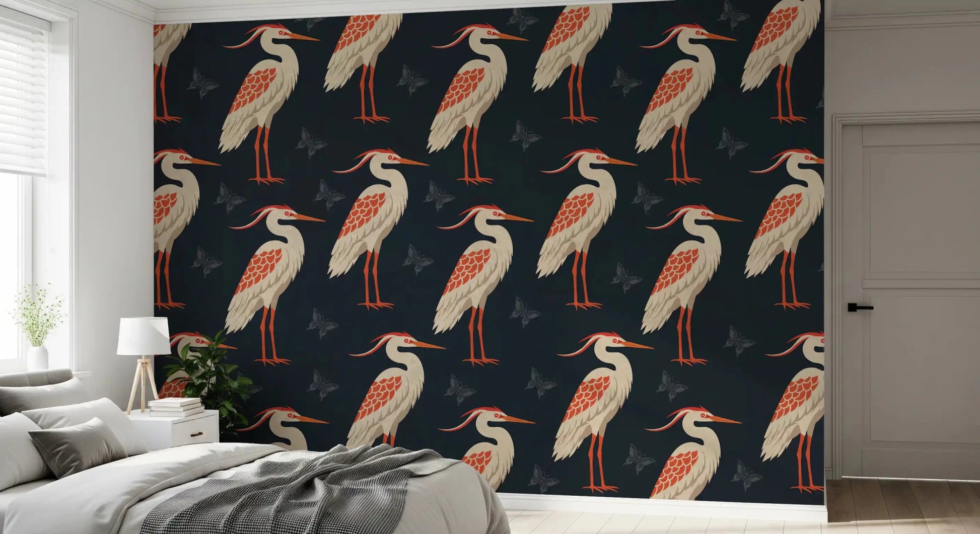 Nature-led pattern in Navy Heron wall mural surface, GD9133
