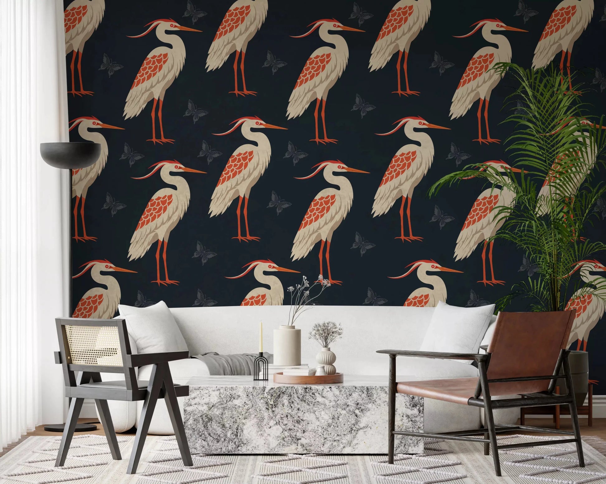 Light heron figures in Navy Heron wall mural artwork, GD9133