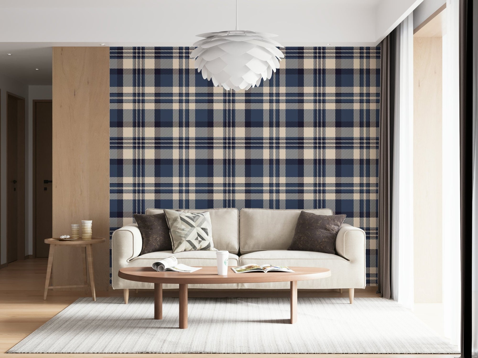 A beautiful navy tartan check wallpaper mural with classic plaid pattern., GD5968
