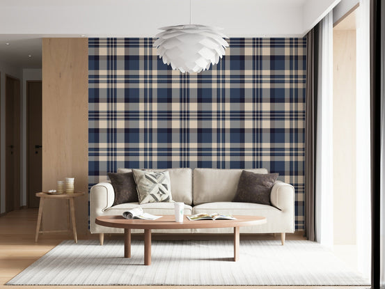 A beautiful navy tartan check wallpaper mural with classic plaid pattern., GD5968