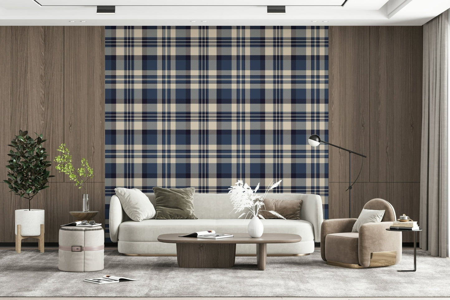 A contemplative gentle plaid wallpaper mural for a feature wall.