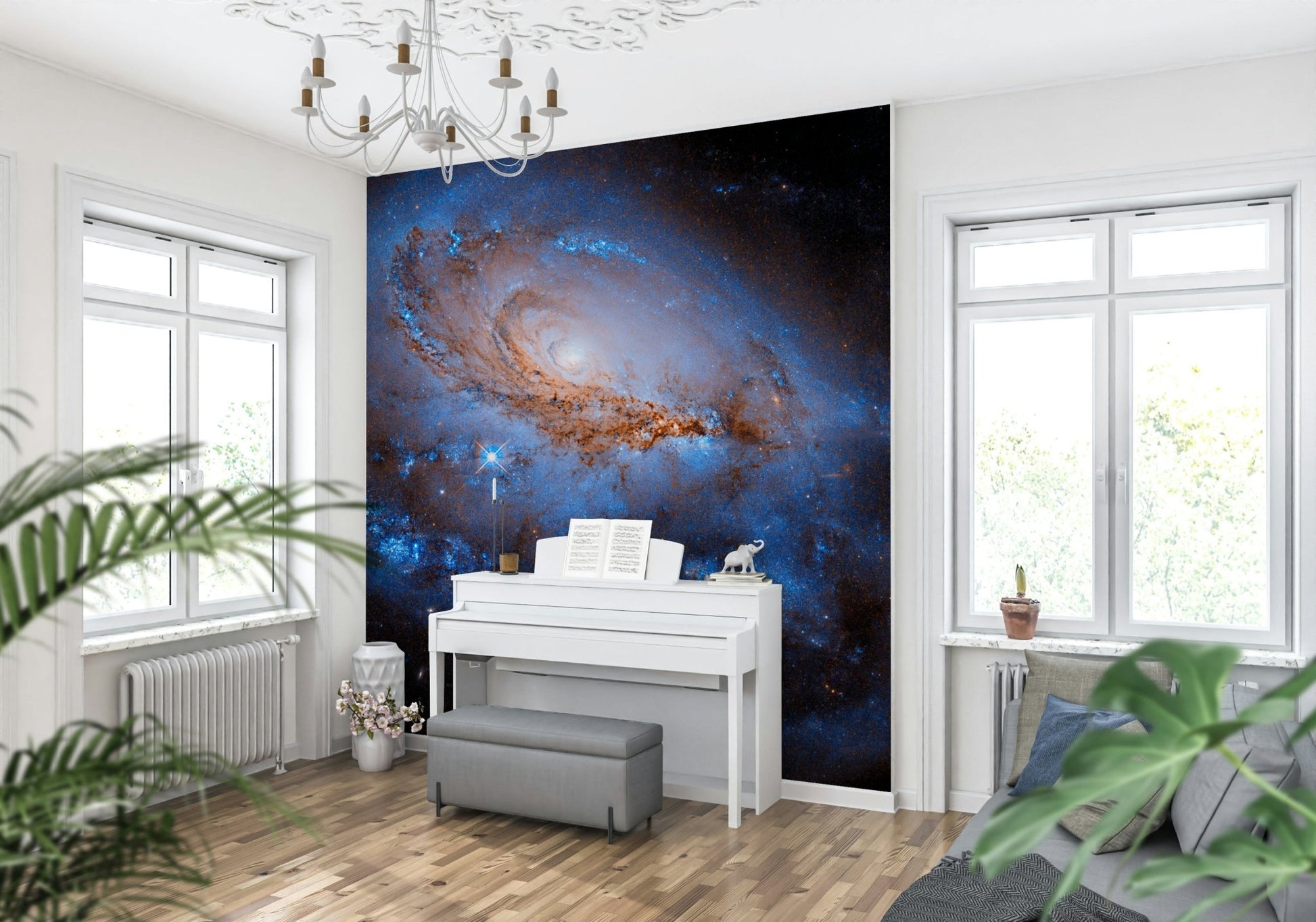 Cosmic nebula art wallpaper mural for a contemporary flat lounge area.