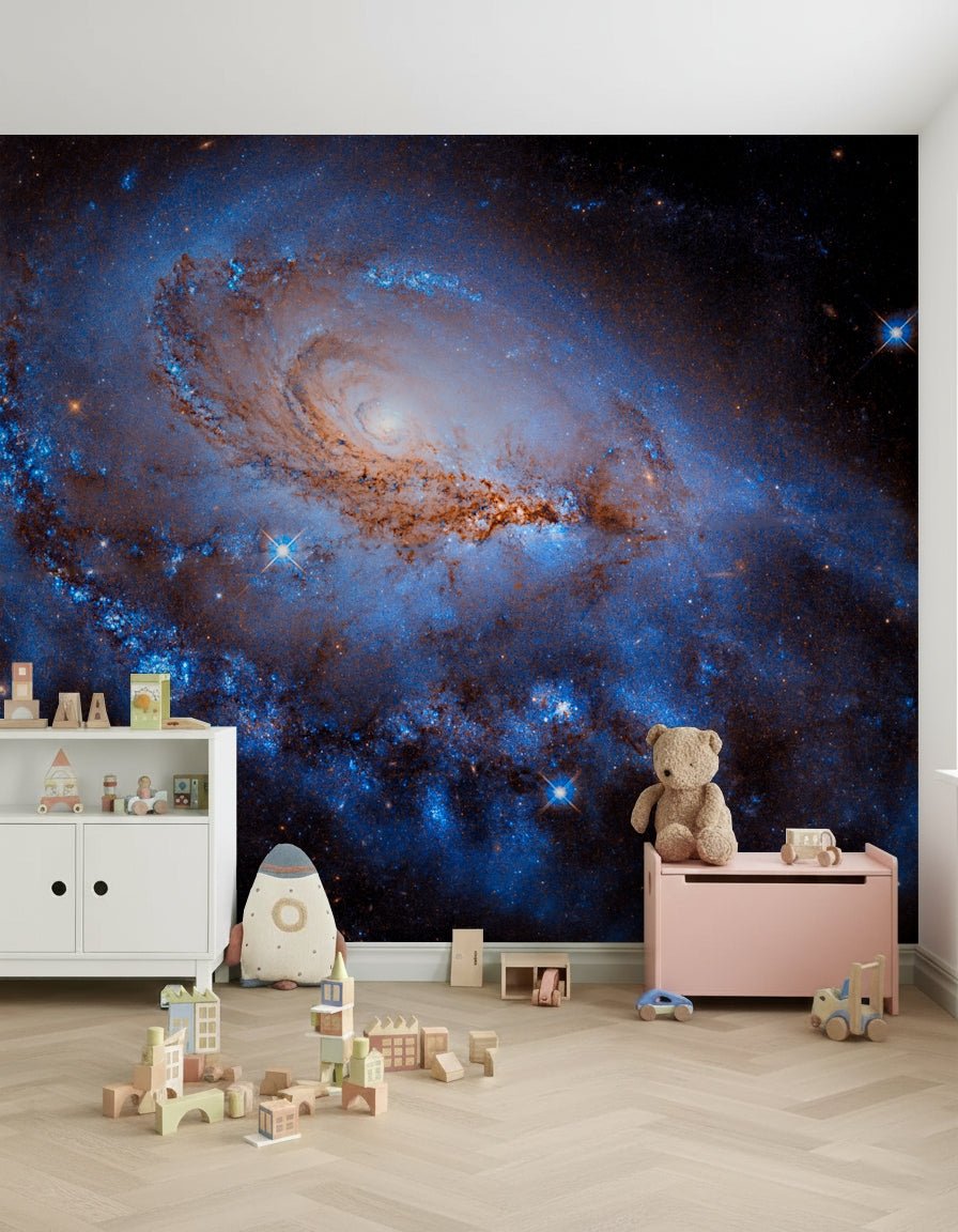 Celestial galaxy pattern wallpaper mural for a bedroom feature wall.