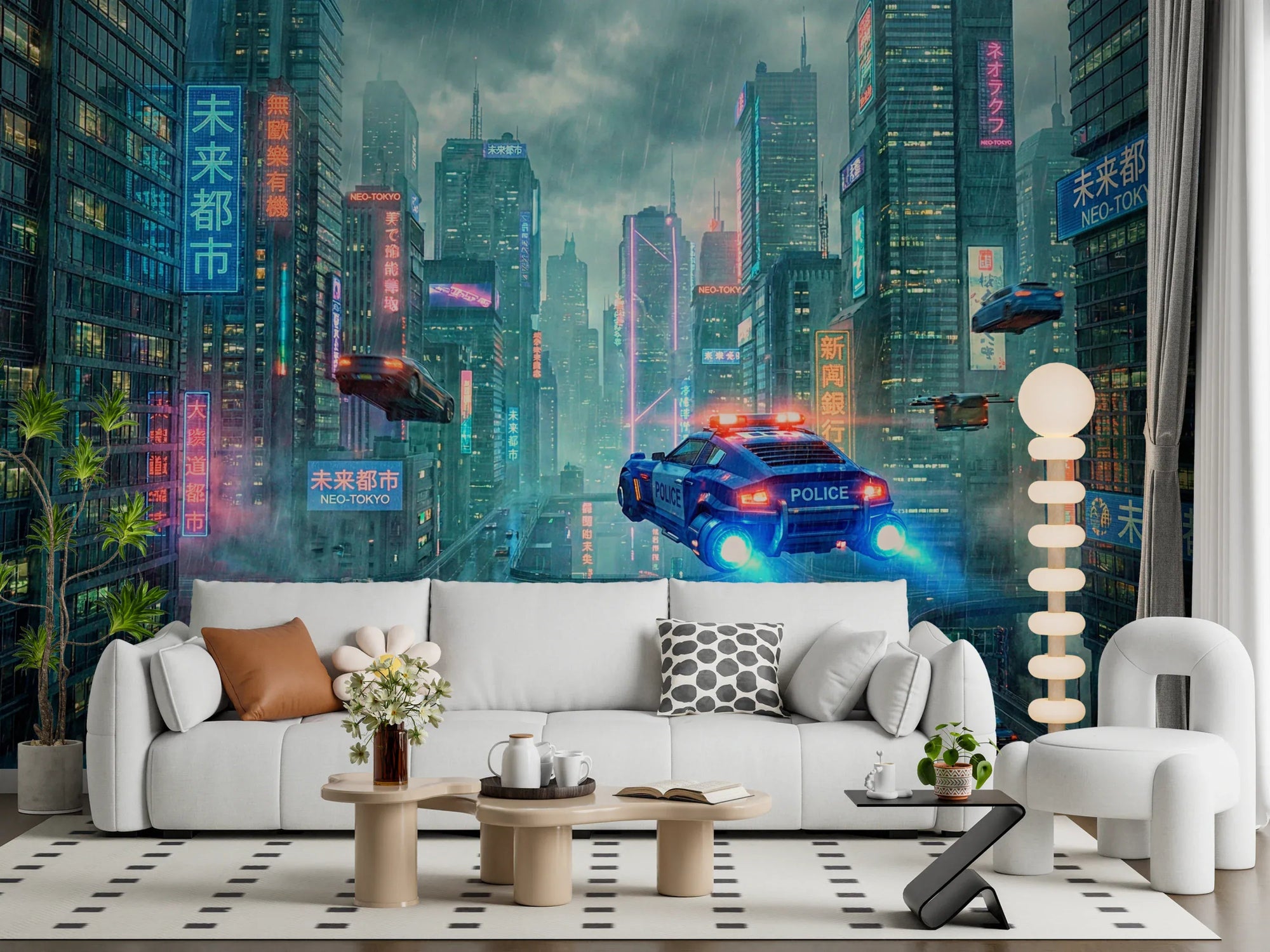 Modern living room featuring Neo-Tokyo Nights Wall Mural with neon tones., GD8000