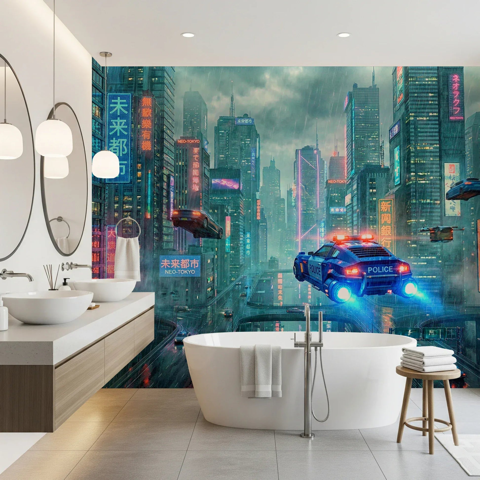 Neo-Tokyo Nights Wall Mural wallpaper in a guest room with ambient lighting.