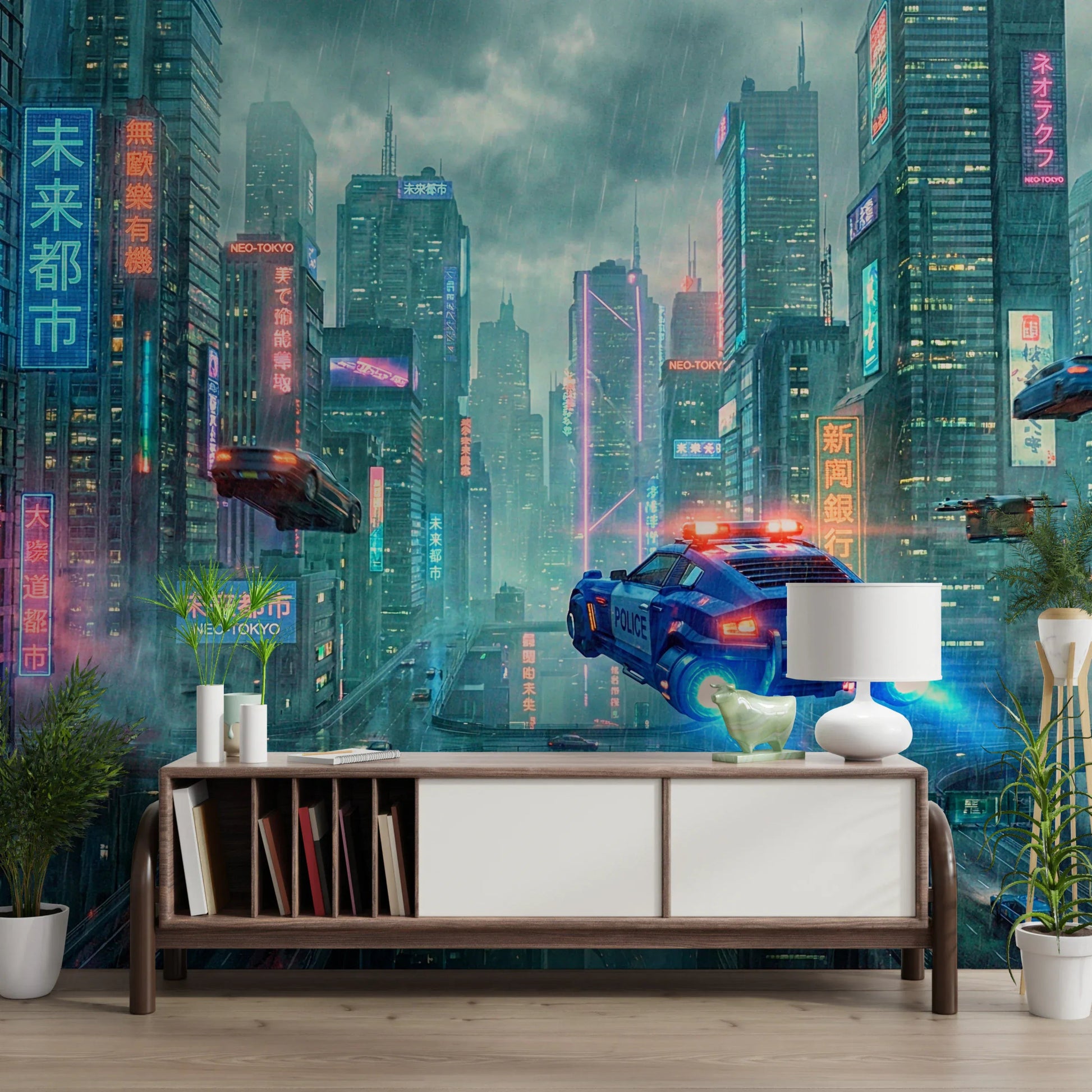 Bedroom accent wall with Neo-Tokyo Nights Wall Mural cyberpunk landscape.