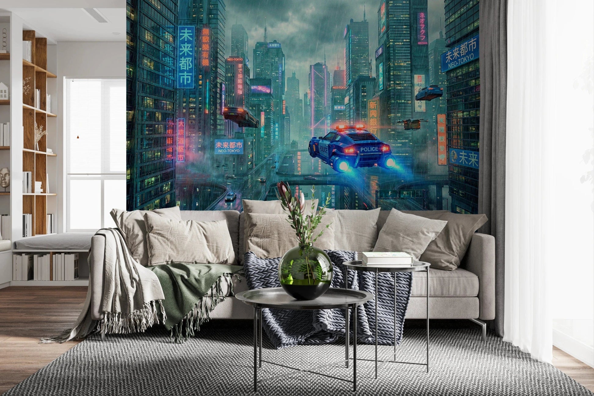 Sleek flat interior with Neo-Tokyo Nights Wall Mural in blue and pink hues.