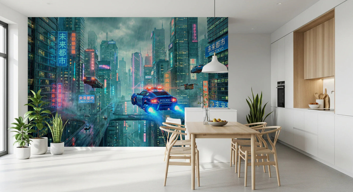 Urban themed workspace showing Neo-Tokyo Nights Wall Mural with vibrant light.