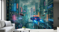 Large scale Neo-Tokyo Nights Wall Mural for a contemporary dining room.