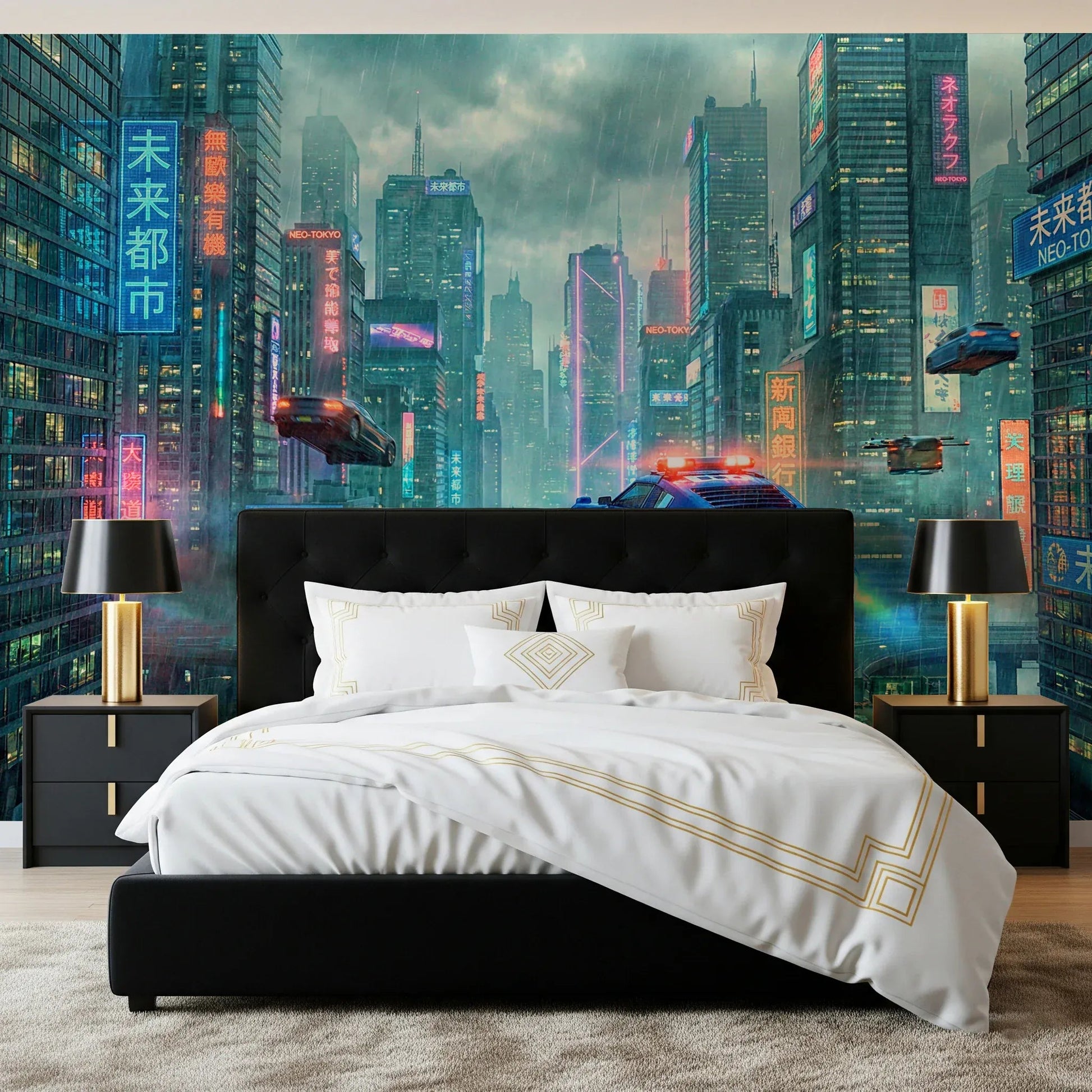 Minimalist lounge area styled with Neo-Tokyo Nights Wall Mural wall covering.