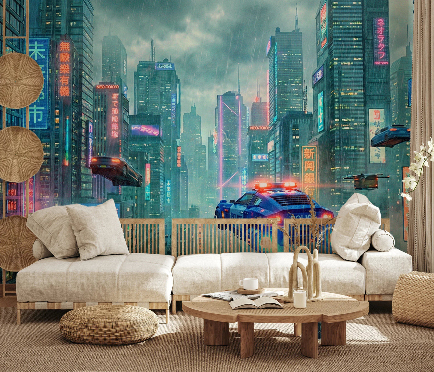Corporate lobby decorated with a wide Neo-Tokyo Nights Wall Mural design.