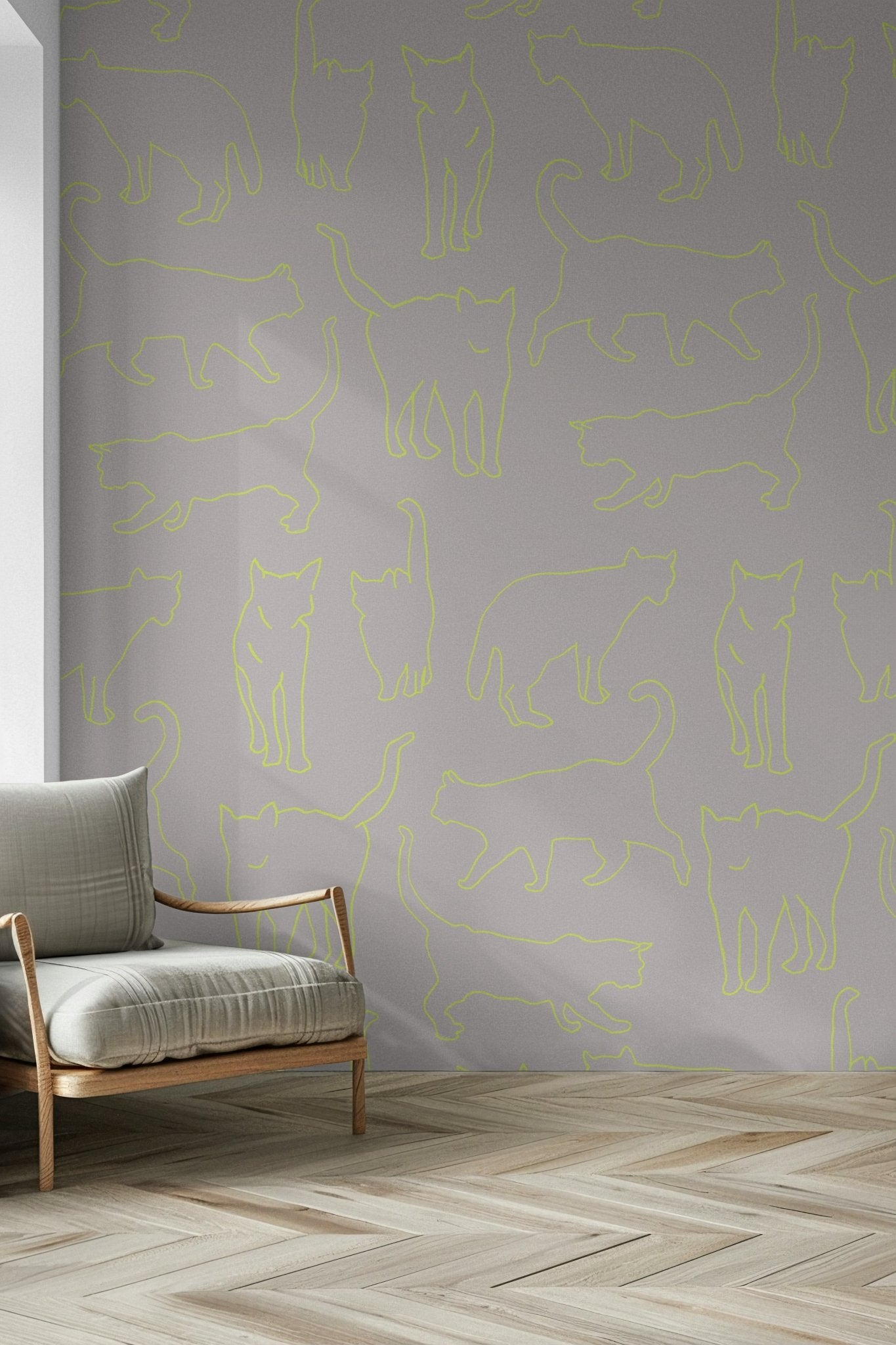Modernist pink and lime wall mural, a beautiful artistic rendering of domestic cats.