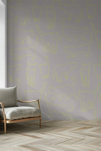 Modernist pink and lime wall mural, a beautiful artistic rendering of domestic cats.