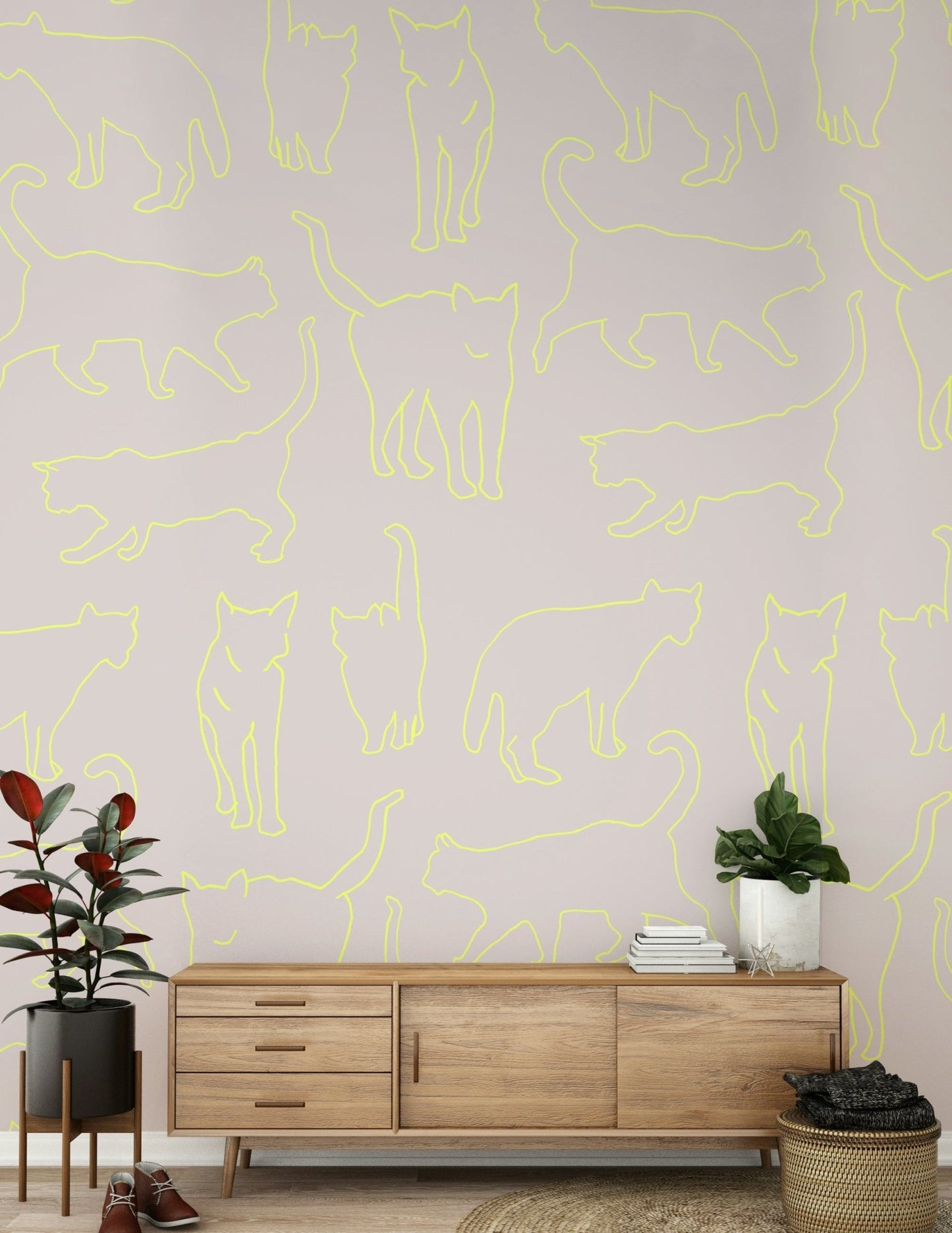 Bright Neon Cats pattern wallpaper for walls, a striking modern animal design.