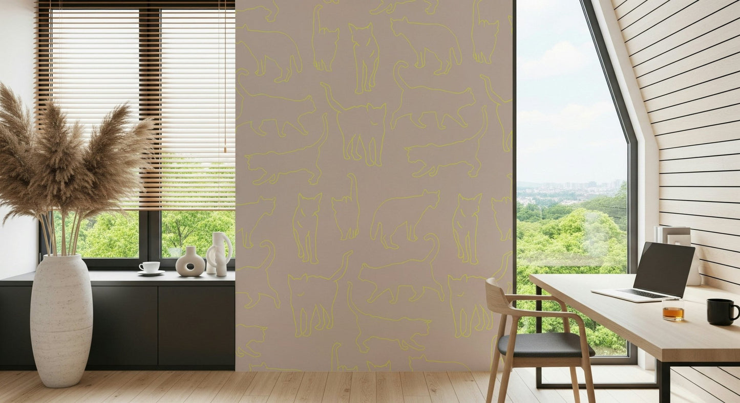 Contemporary cat outline Neon Cats Wall Mural with a pale pink background texture.