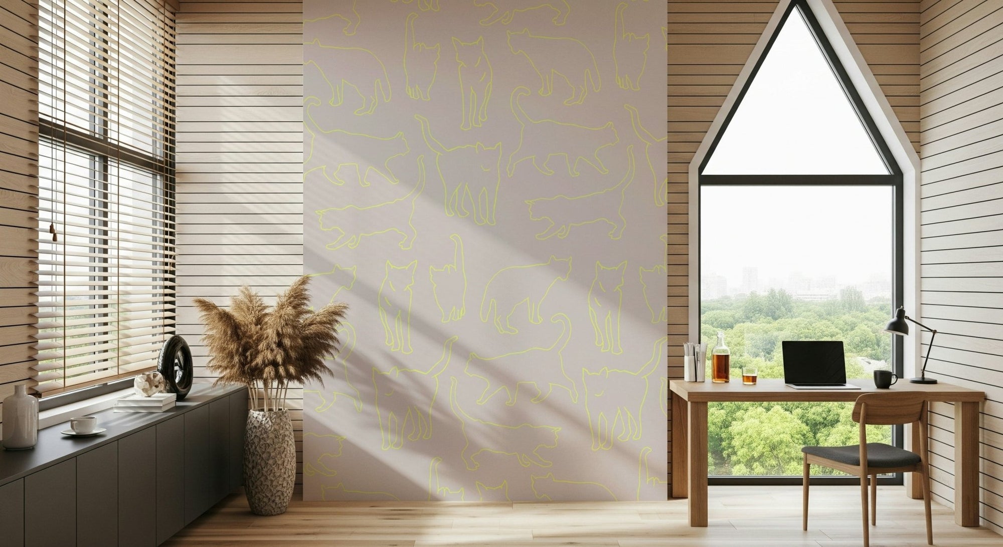 Neon Cats Wall Mural featuring glowing lime feline outlines on a soft mauve backdrop., GD6198