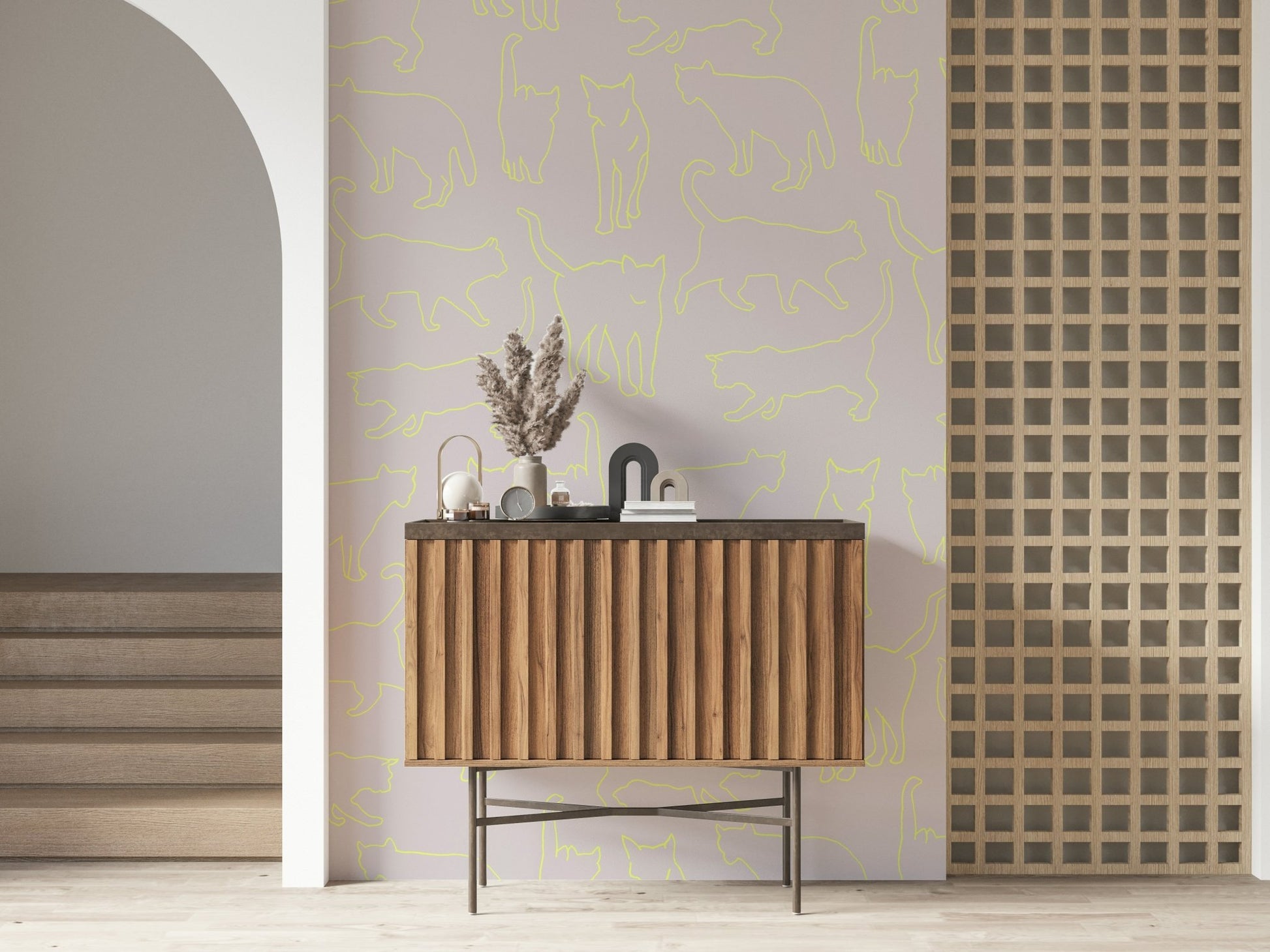 Whimsical peel and stick wallpaper with glowing cat sketches, perfect for a cozy den.