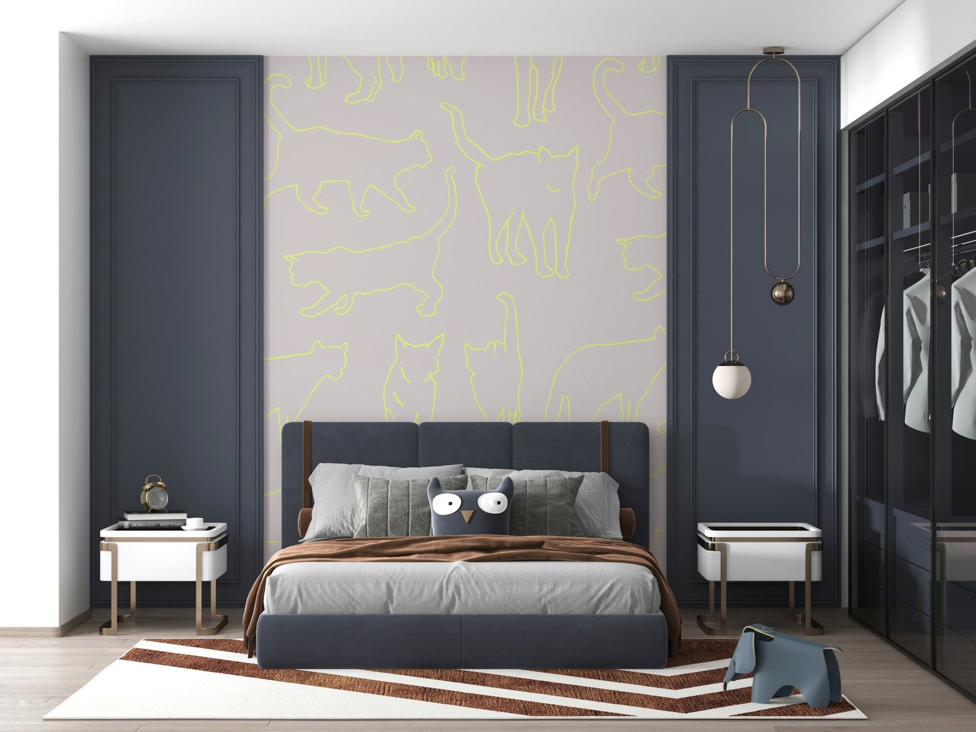 Stylish Wall Mural with ethereal cat outlines, ideal peel and stick wallpaper decoration.