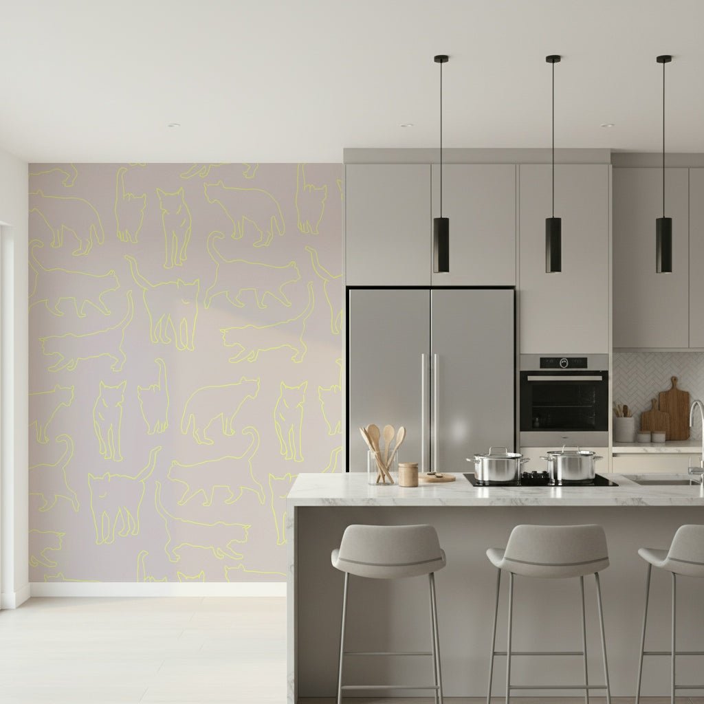 Subtle yet vivid light green Neon Cats outlines creating a unique animal print wall covering.
