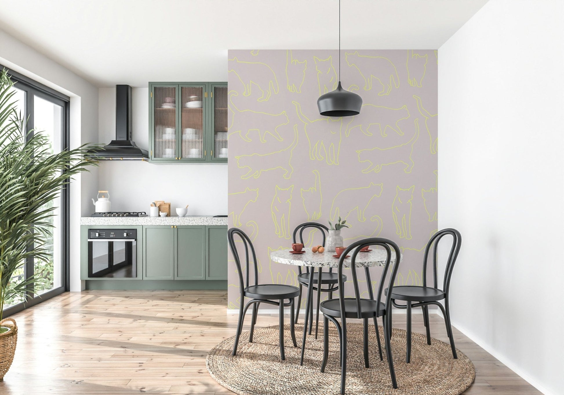 Minimalist feline figures define this charming Neon Cats themed wall covering art.