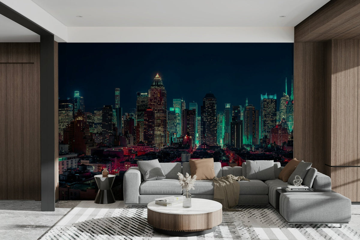 Neon City Nights wall mural showing a glowing skyline lit in teal and red GD4990
