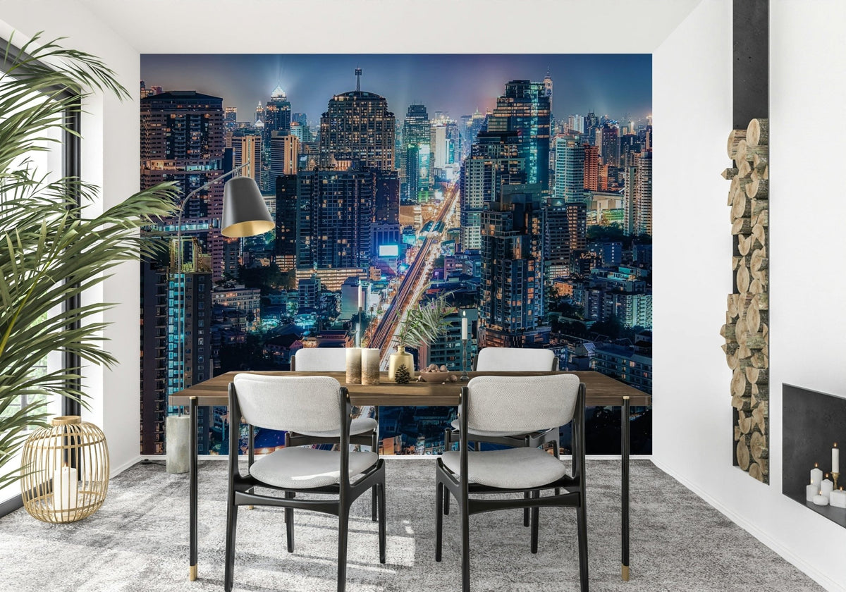 Neon Cityscape Nights Wall Mural with glowing skyline GD7340
