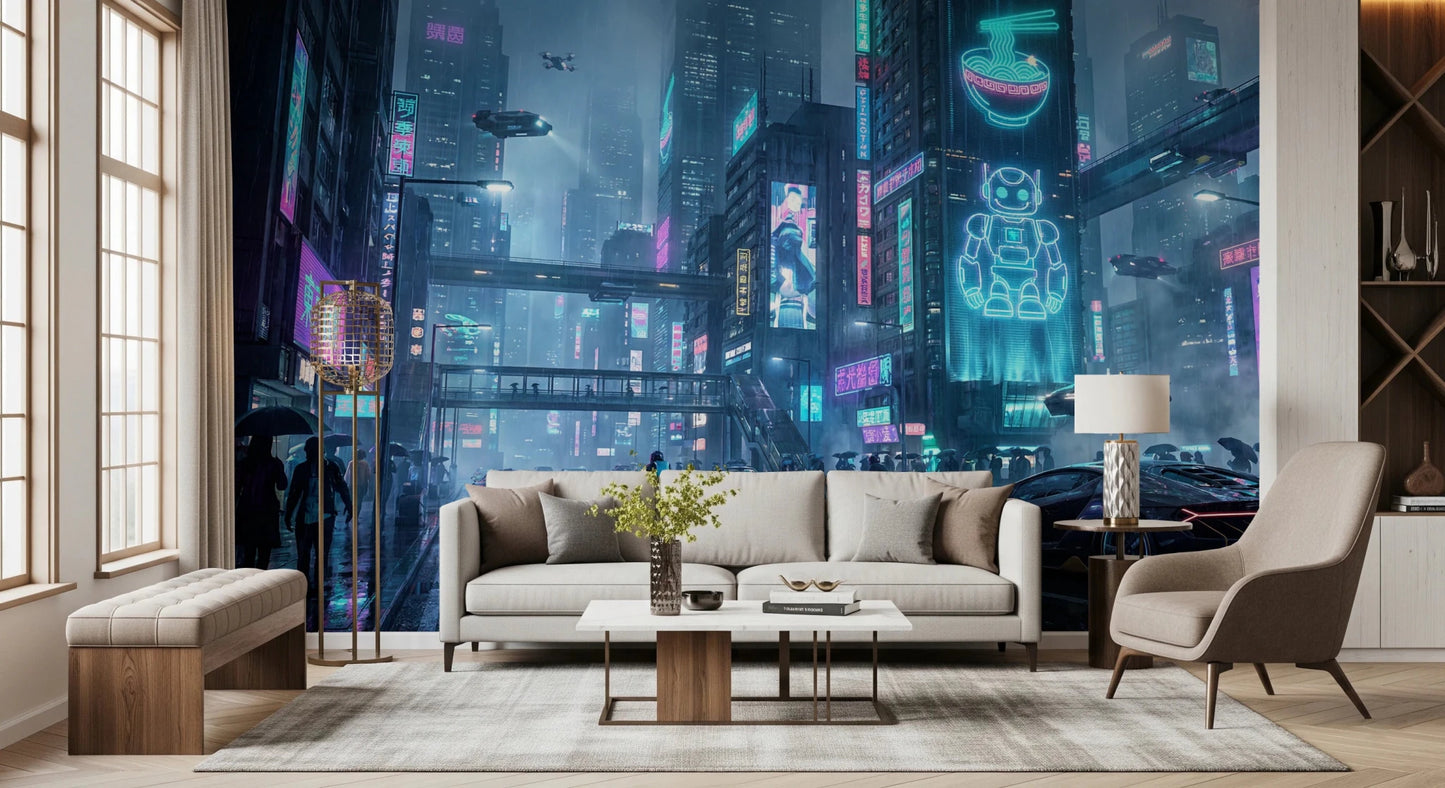 Neon Dreams Cityscape Wall Mural for lounge feature walls.