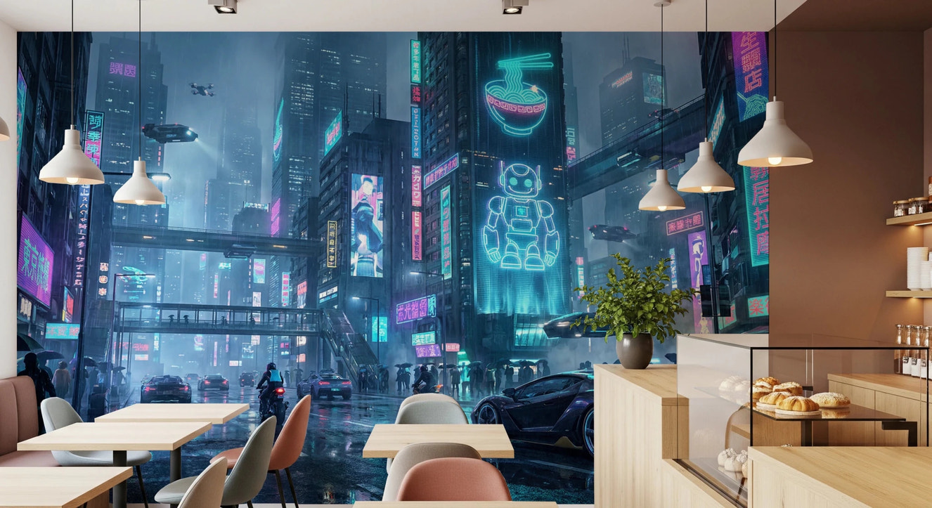 Neon Dreams Cityscape Wall Mural for modern gaming rooms.