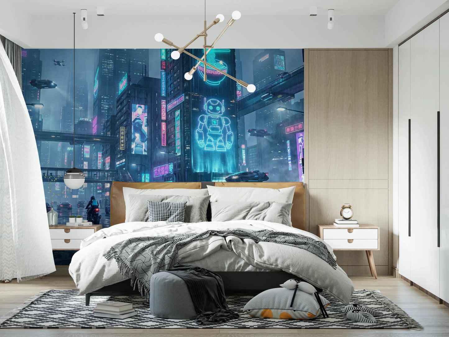 Neon Dreams Cityscape Wall Mural for creative workspaces.
