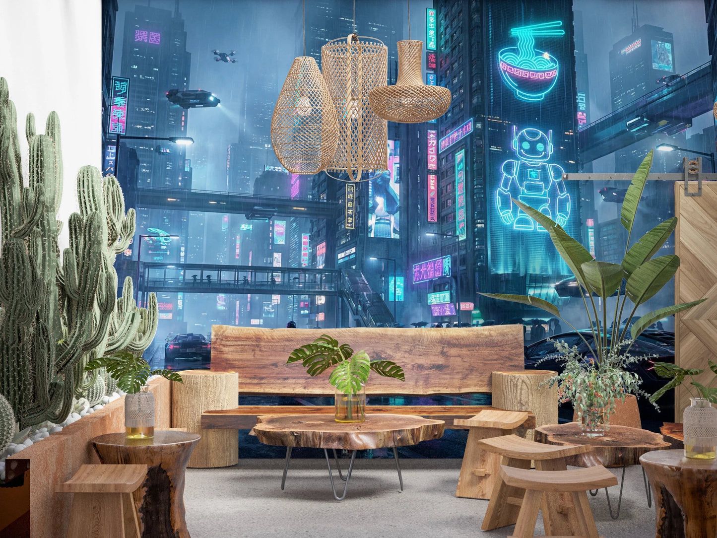 Futuristic rainy street wall mural for tech-savvy offices.