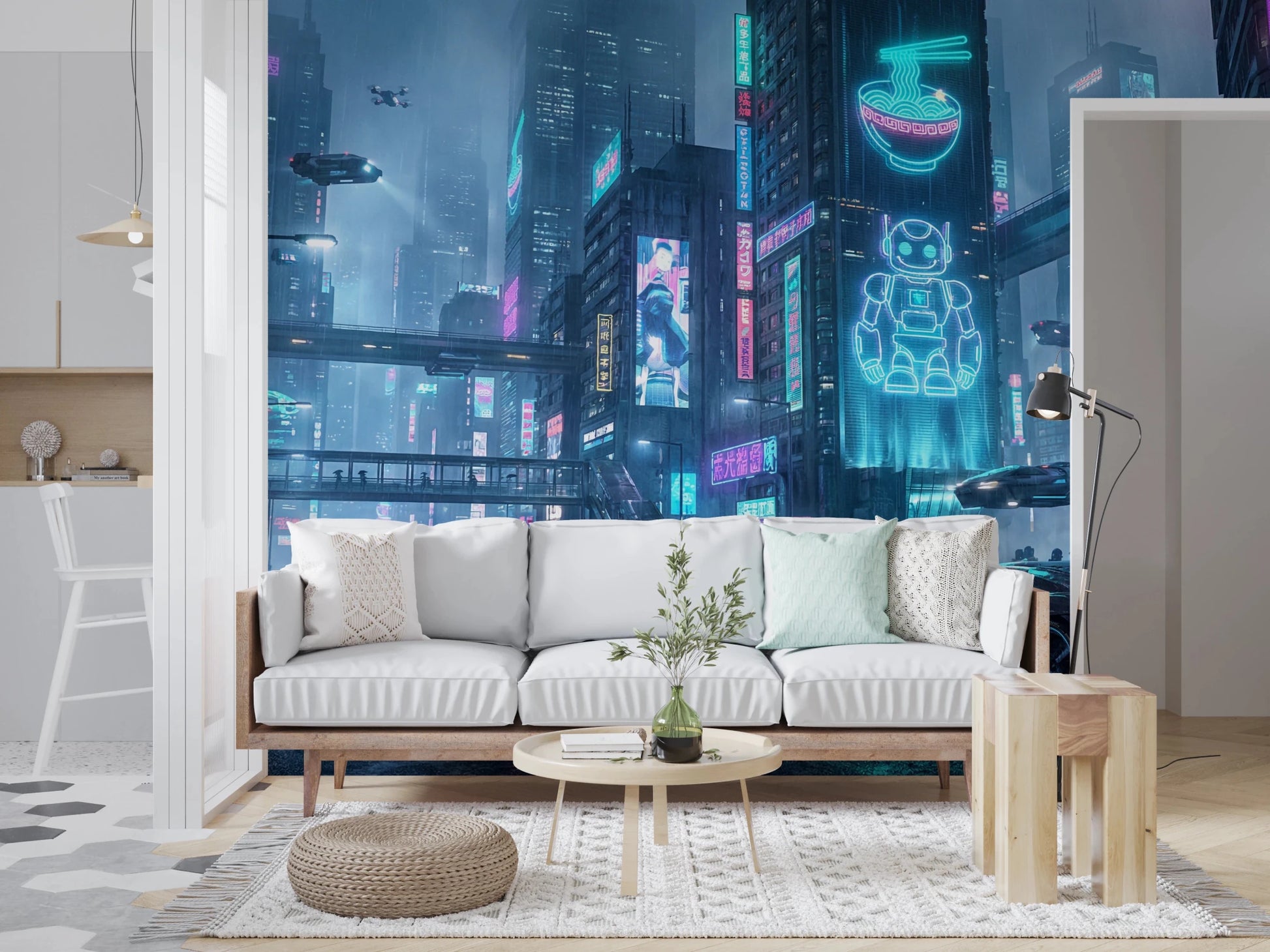 Blue neon city wallpaper for bedroom interior styling.