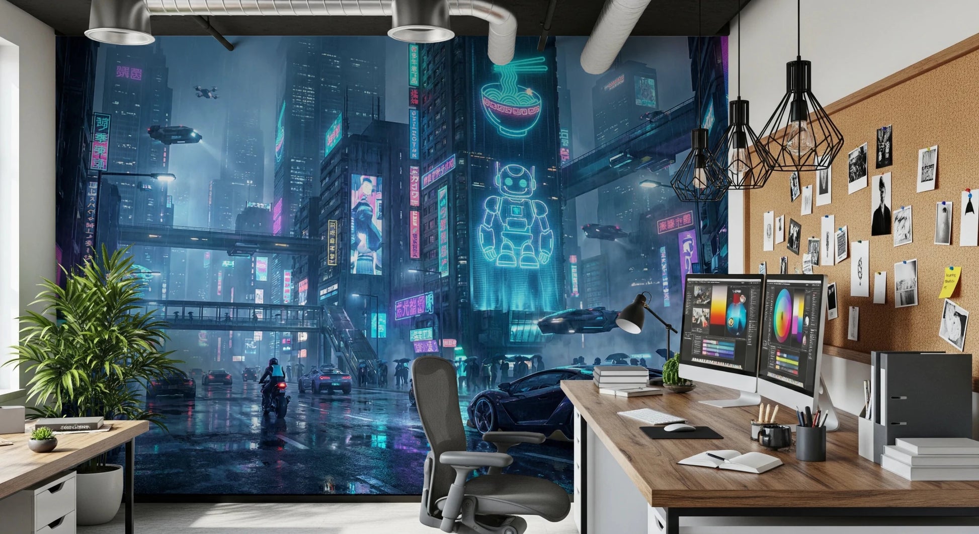 Cyberpunk city wallpaper with neon blue and pink lights.