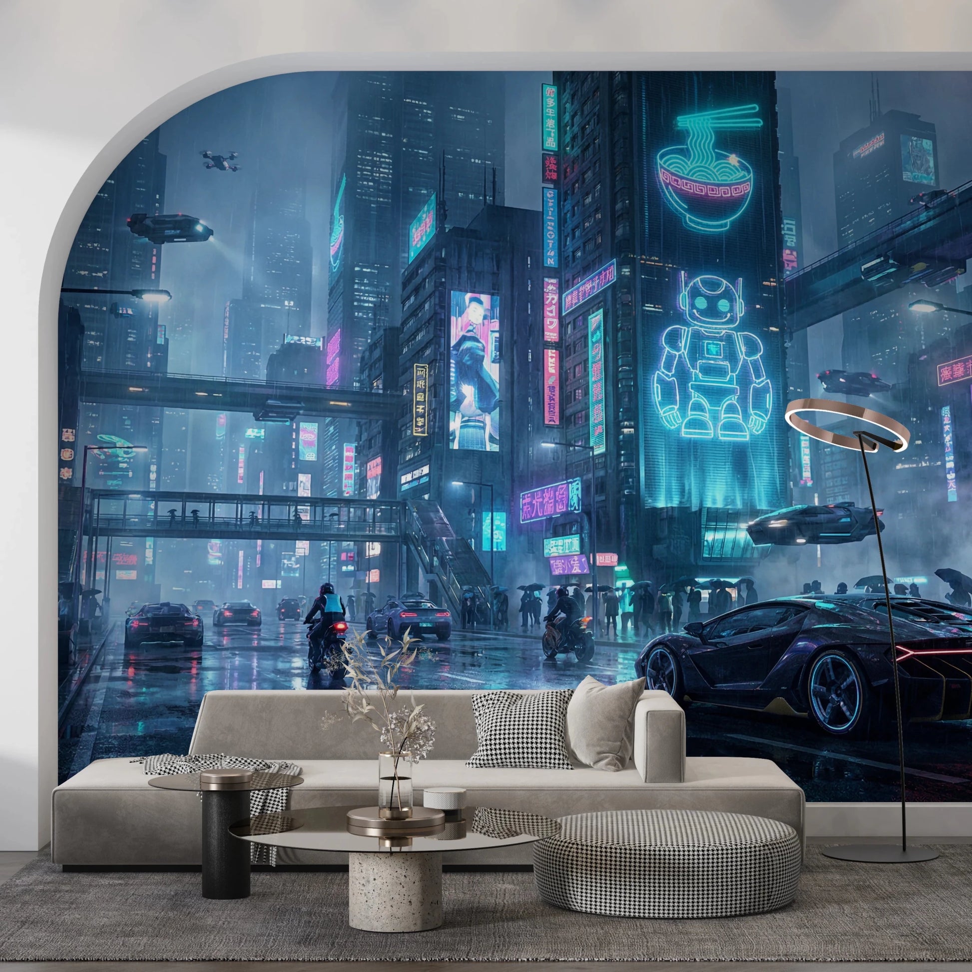 Vibrant cyberpunk wall mural for contemporary apartments.